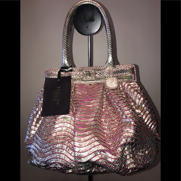 Zagliani Handbags - Zagliani gold python with pink stitching 2 handles